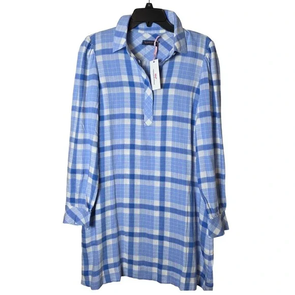 Vineyard Vines Plaid Popover  Dress Womens S Blue Calm Water New [$168 2Q011323 - Picture 4 of 15